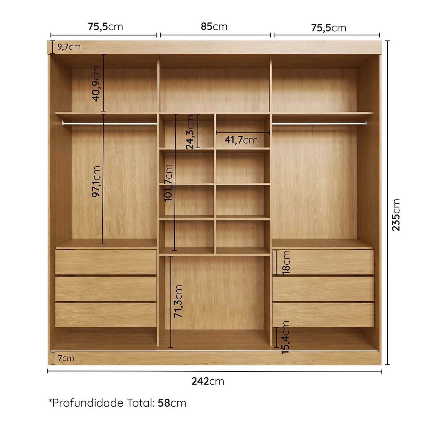 Guarda-Roupa Casal 3 Portas de Correr Samambaia Carvalho