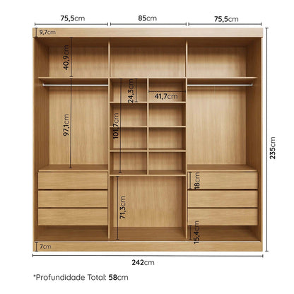 Guarda-Roupa Casal 3 Portas de Correr Samambaia Carvalho